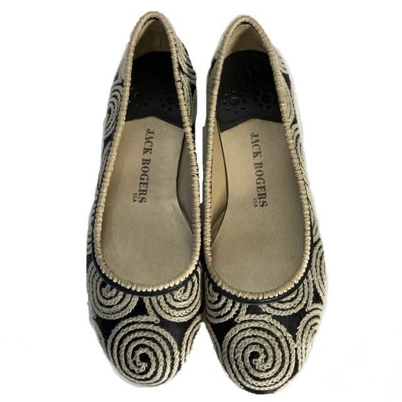 Jack Rogers Flats Black Fabric Upper Tan Cord Wrapped Design Leather Soles - Picture 1 of 16